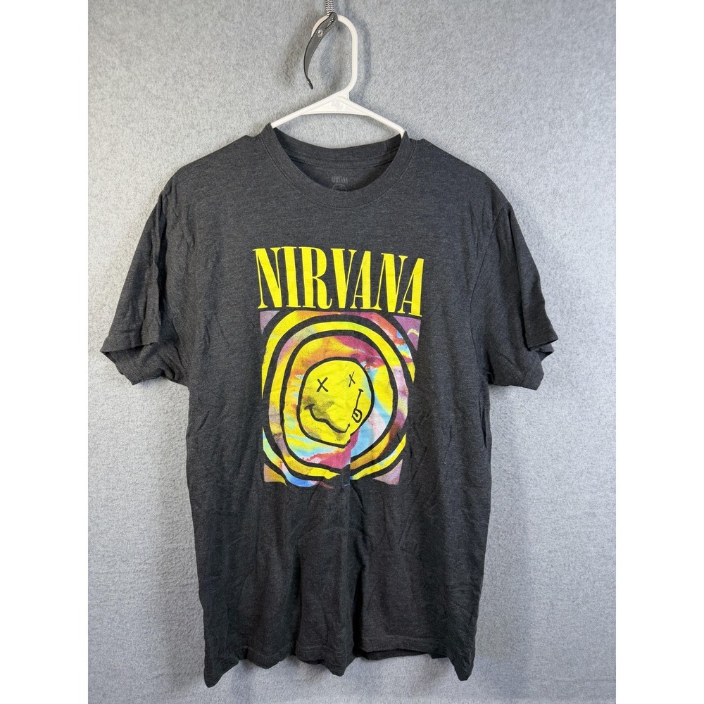 Nirvanaโ Shirt Mens 2XL Gray Smiley Face Tie Dye Graphic Grunge Rock Tee